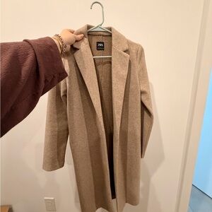 Zara Beige Long Wool-Blend Pea Coat